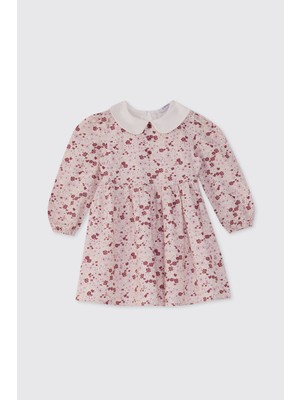 Panço Kız Bebek İçin Çiçek Desenli Günlük Ekru Elbise Bebe Yaka Diz Üstü Stil