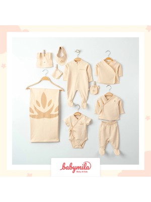 Eslenza Yenidoğan Bebek Için Organik Pamuklu 10 Parça Hastane Çıkışı Seti - Zıbın ve Tulum Takımı Bej