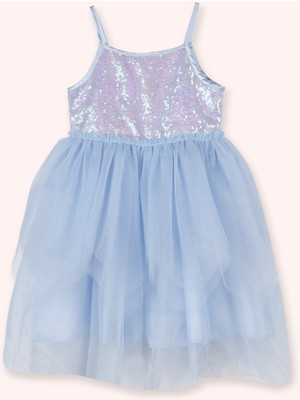 Panço Kız Bebek Pul Detaylı Mavi Abiye Elbise