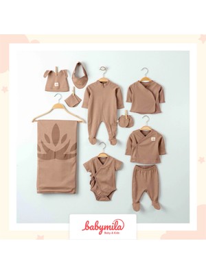 Eslenza Yenidoğan Bebek Için Organik Pamuklu 10 Parça Hastane Çıkışı Seti - Zıbın ve Tulum Takımı Kahve