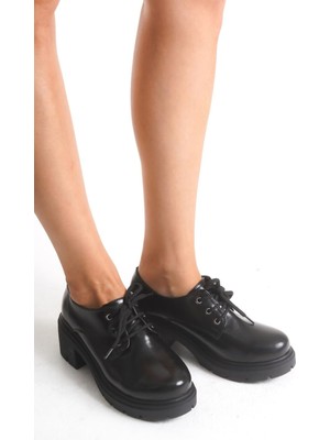 Etiler Collection K-707 Siyah Kırışık Rugan Yüksek Tabanlı Bağcıklı  Loafer Ayakkabı