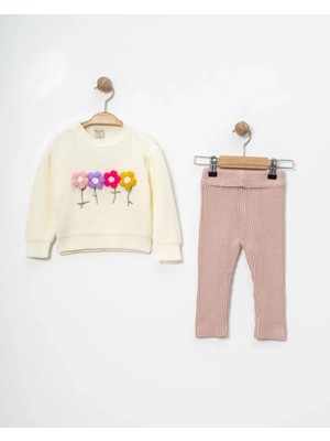 ZM Kids Eray Mobil Çiçekli Triko Pudra Kız Bebe Takım