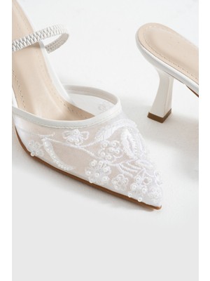 Bufu Paris Beyaz Inci Nakış Detaylı Nişan Davet Gelinlik Ayakkabısı