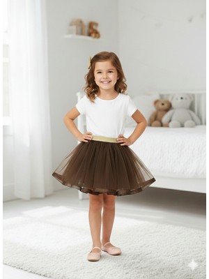 Dudese Kız Çocuk Kahverengi Tütü Etek Simli Altın Bel Detaylı