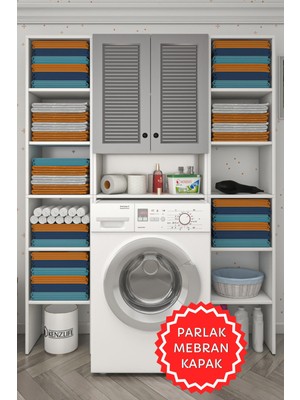 Kenzlife Membran Çamaşır Makinesi Dolabı Sinemmaksduble Gribyz Panjur 180*126*30 Mebran Kapak Mdf Gövde Kapaklı Arkalıklı Raflı