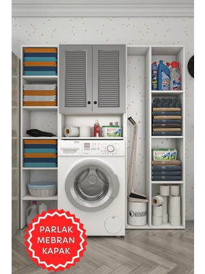 Kenzlife Membran Çamaşır Makinesi Dolabı Sinemmega Gribyz Panjur 180*156*30 Mebran Kapak Suntalam Gövde Kapaklı Arkalıklı Raflı
