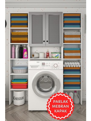 Kenzlife Membran Çamaşır Makinesi Dolabı Veronikamaksduble Gribyz Panjur 180*126*20 Mebran Kapak Mdf Gövde Arkalıksız Raflı
