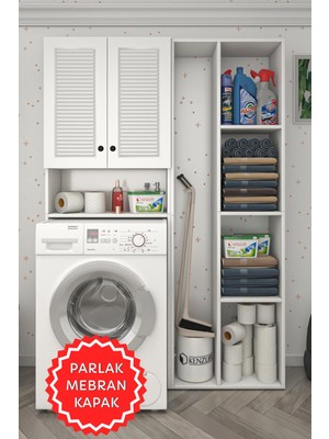Kenzlife Membran Çamaşır Makinesi Dolabı Sinemsüpürge Byzbyz Panjur 180*126*30 Mebran Kapak Mdf Gövde Kapaklı Arkalıklı Raflı