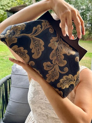 Jophiel Cassiel - Ahşap Burslu Kumaş Portföy Çanta, Clutch, El Çantası