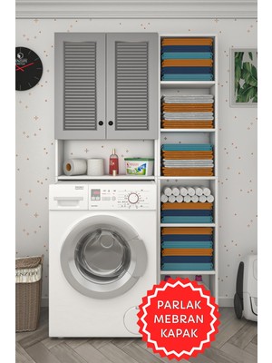 Kenzlife Membran Çamaşır Makinesi Dolabı Veronikamaks Gribyz Panjur 180*096*20 Mebran Kapak Mdf Gövde Kapaklı Arkalıksız Raflı