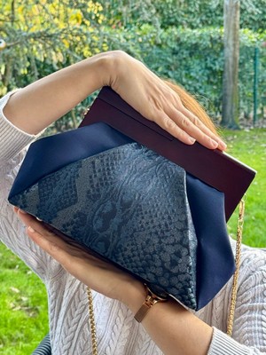 Jophiel Patchwork, Zincirli, Ahşap Burslu Çanta, Clutch, El Çantası, Kol Çantası, Omuz Çantası