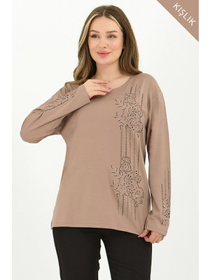 Ravencia Kadın Kışlık Orta Yaş ve Üzeri Viskon Şerit Desen Taşlı Işlemeli Likralı Anne Penye Bluz