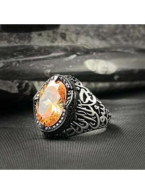 Takılingo 925 Ayar Gümüş Kelime-I Tevhid Işlemeli Sitrin Taşlı Erkek Yüzük