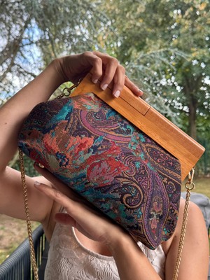 Jophiel Penalope Collection - Zincirli, Ahşap Burslu Kumaş Çanta, Clutch, El Çantası, Çanta