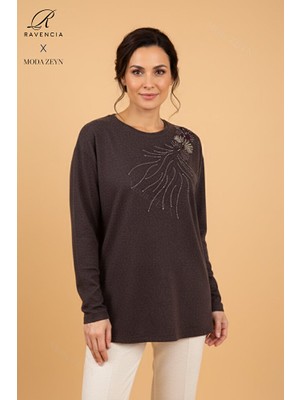 Ravencia Kadın Damla Desenli Taşlı Likralı Yırtmaçlı Yün Anne Penye Bluz