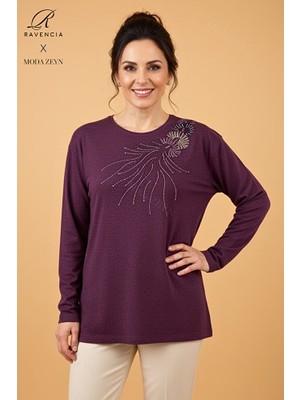 Ravencia Kadın Damla Desenli Taşlı Likralı Yırtmaçlı Yün Anne Penye Bluz