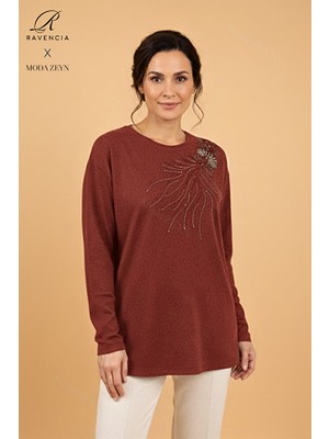 Ravencia Kadın Damla Desenli Taşlı Likralı Yırtmaçlı Yün Anne Penye Bluz