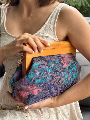 Jophiel Penalope Collection - Zincirli, Ahşap Burslu Kumaş Çanta, Clutch, El Çantası, Çanta