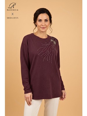 Ravencia Kadın Damla Desenli Taşlı Likralı Yırtmaçlı Yün Anne Penye Bluz