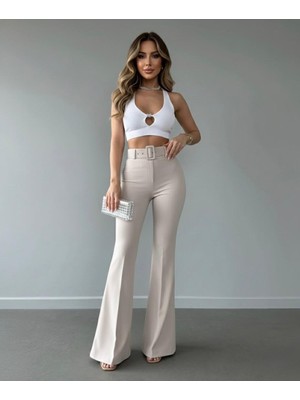 Kadın Ithal Doubleface Ispanyol Paça Kemer Detaylı Kumaş Pantolon