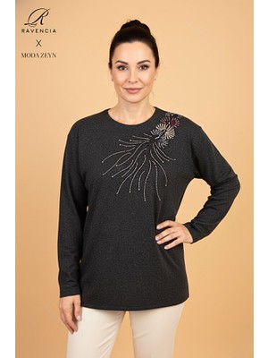 Ravencia Kadın Damla Desenli Taşlı Likralı Yırtmaçlı Yün Anne Penye Bluz