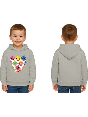 Sedirli Unisex Baby Shark Baskılı Çocuk Swaetshirt Kapşonlu 3 Iplik Şardonlu