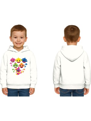Sedirli Unisex Baby Shark Baskılı Çocuk Swaetshirt Kapşonlu 3 Iplik Şardonlu