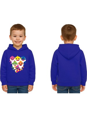 Sedirli Unisex Baby Shark Baskılı Çocuk Swaetshirt Kapşonlu 3 Iplik Şardonlu
