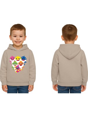 Sedirli Unisex Baby Shark Baskılı Çocuk Swaetshirt Kapşonlu 3 Iplik Şardonlu