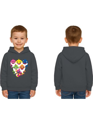 Sedirli Unisex Baby Shark Baskılı Çocuk Swaetshirt Kapşonlu 3 Iplik Şardonlu
