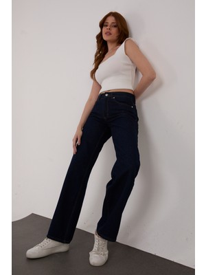 Koyu Mavi Lacivert Süper Extra Yüksek Bel Palazzo Salaş Jean Pantolon