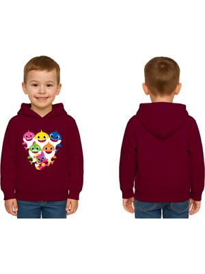 Sedirli Unisex Baby Shark Baskılı Çocuk Swaetshirt Kapşonlu 3 Iplik Şardonlu
