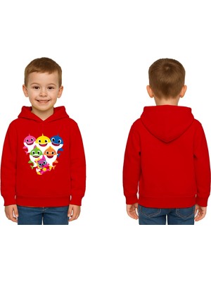 Sedirli Unisex Baby Shark Baskılı Çocuk Swaetshirt Kapşonlu 3 Iplik Şardonlu
