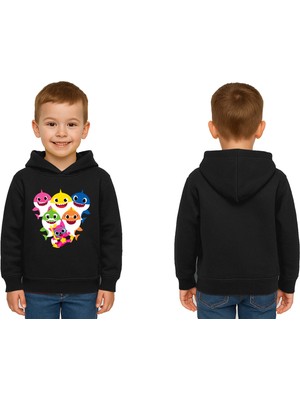 Sedirli Unisex Baby Shark Baskılı Çocuk Swaetshirt Kapşonlu 3 Iplik Şardonlu
