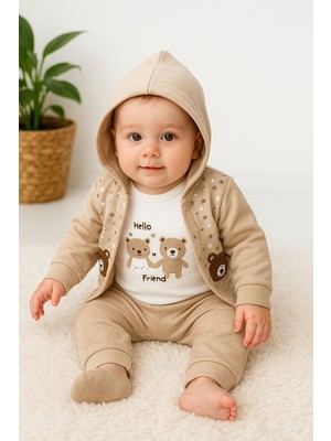 Aki Moda Kids AKİ MODA KİDS Erkek bebek %100 pamuklu kapşon hırkalı çıtçıtlı Zıbın body 3 parça erkek bebek takım