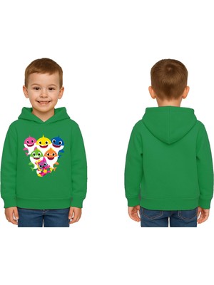 Sedirli Unisex Baby Shark Baskılı Çocuk Swaetshirt Kapşonlu 3 Iplik Şardonlu