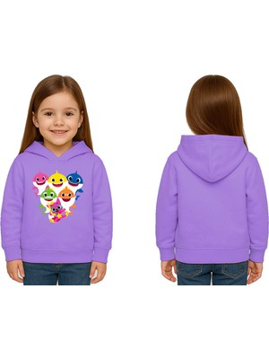 Sedirli Unisex Baby Shark Baskılı Çocuk Swaetshirt Kapşonlu 3 Iplik Şardonlu