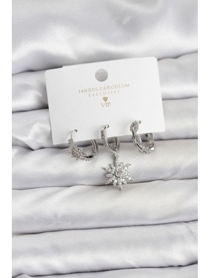 Maarketim Pirinç Gümüş Renk Kutup Yıldızı Model 3'lü Kadın Küpe Seti