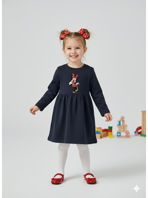 Dudese Minnie Mouse Işlemeli Siyah Kız Çocuk Uzun Kollu Kışlık Elbise