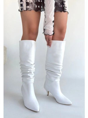 Diaways Zelya Beyaz Cilt Topuklu Çizme