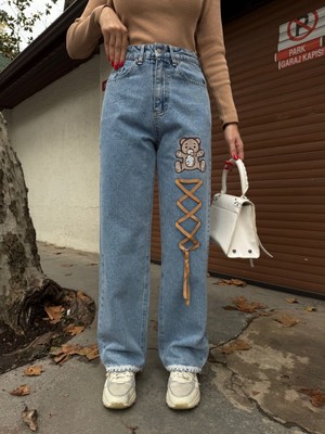 Jeanolog Bear Kot Pantolon Dantel Paça Straight / Regular Fit Yüksek Bel %100 Pamuk