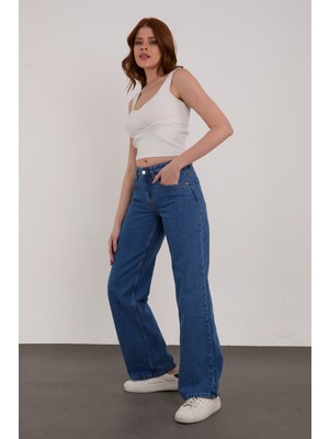 Orta Mavi Palazzo Salaş Paça Süper Yüksek Bel Jean Pantolon