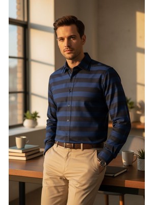 Gömlek Galerisi Dar Kesim Düz Pano Desen Uzun Kollu Erkek Gömlek