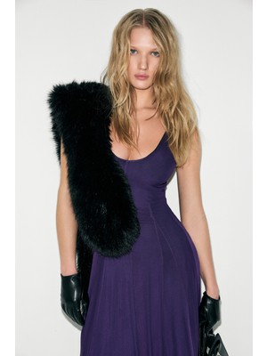 Grimelange Deseo Kadın V Yaka Çapraz Ayarlanabilir Askılı Etek Ucu Geniş Esnek Tül Kumaşlı Mor Elbise