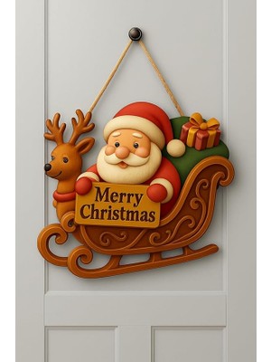 Okavango Noel Babalı Kızaklı Hediye Paketli Yılbaşı Geyikli Kapı Süsü, Yılbaşı Süsü Yılbaşı Temalı Hediyeler (30-18 Cm)