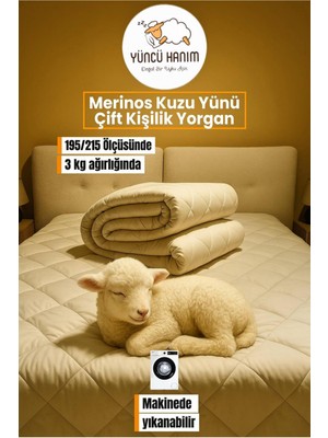 Çift Kişilik Merinos Kuzu Yünü Yorgan 195X215 Cm, 3000 G, Doğal ve Hafif