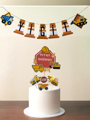 Sinem Gift Iş Makinaları Doğum Günü Pasta Süsü - Iş Makinaları Doğum Günü Konsepti - 6 Lı Cupcake Süsü- Banner