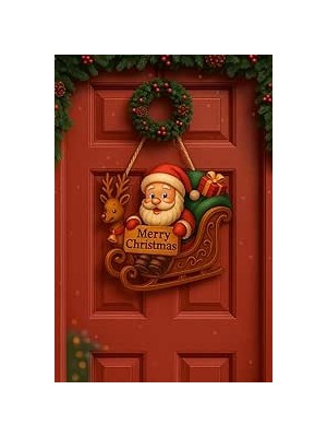 Okavango Noel Babalı Kızaklı Hediye Paketli Yılbaşı Geyikli Kapı Süsü, Yılbaşı Süsü Yılbaşı Temalı Hediyeler (30-18 Cm)