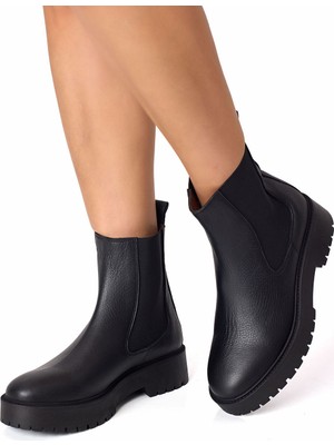  Rujo Siyah Hakiki Deri Lastikli Chelsea Kadın Bot