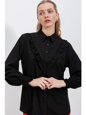 20223 Fırfırlı Uzun Kol Gömlek - Siyah